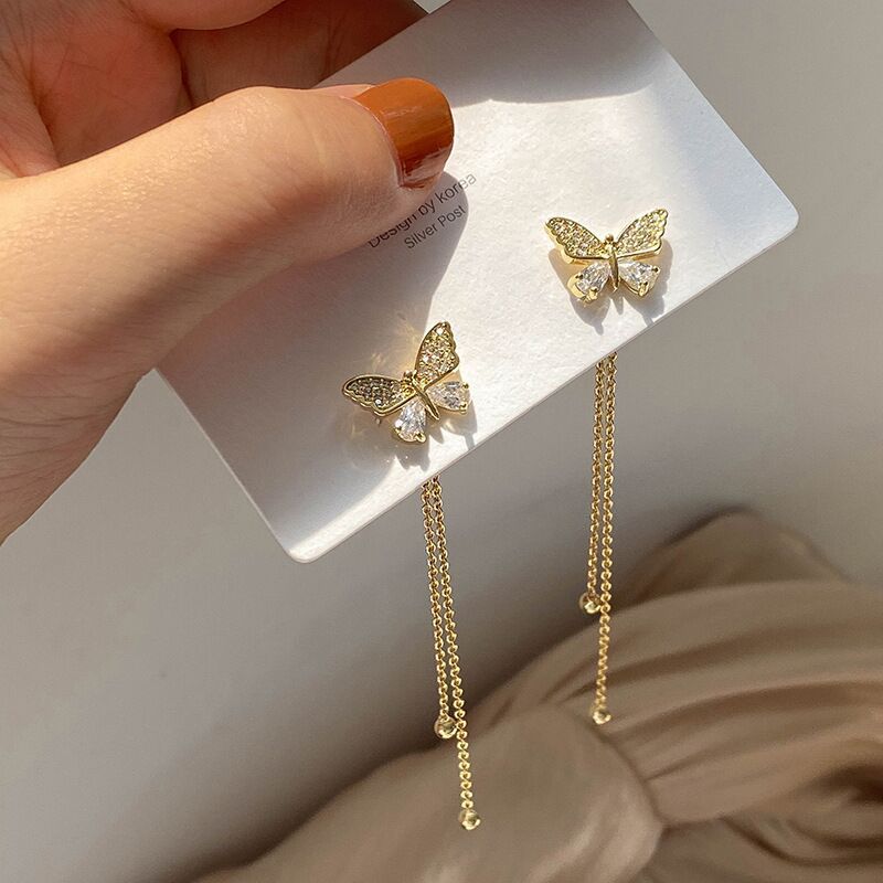 Wholesale S925 Sier Needle Long Tassel Diamond Butterfly Earrings