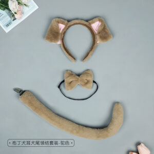 Q-pudding dog ear and dog tail bow tie set-camel