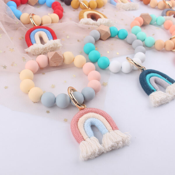 Wholesale Cartoon Colorful Rainbow Tassel Silicone Bead Wrist Keychain