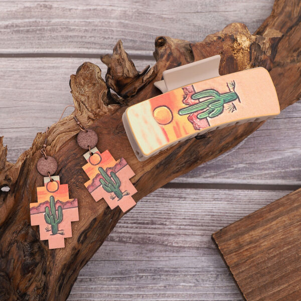 O1CN017A6S6Q1ftMUxbnoMg_3172764064-0-cib Wholesale Western Style Sunflower Cactus Leather Hair Clip Earrings Set