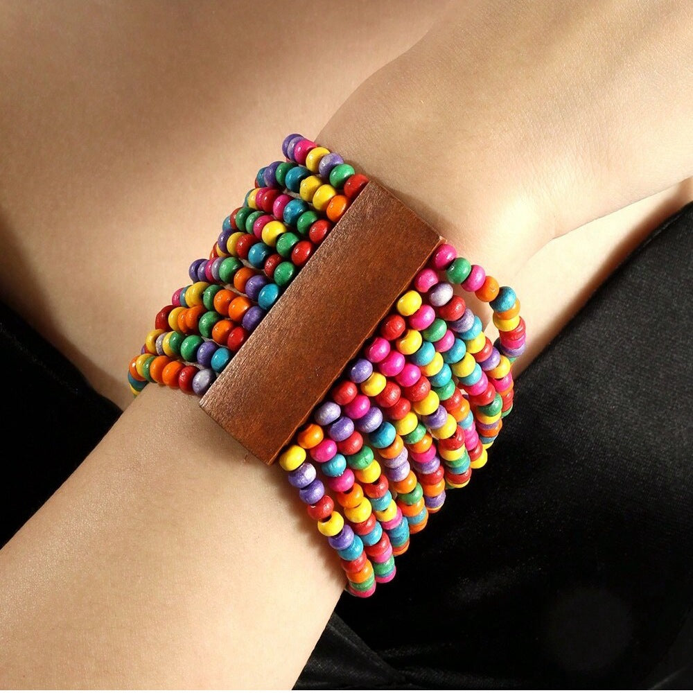 Wholesale pular Bohemian Colorful Wooden Beads Beaded Elastic Wide Bracelet