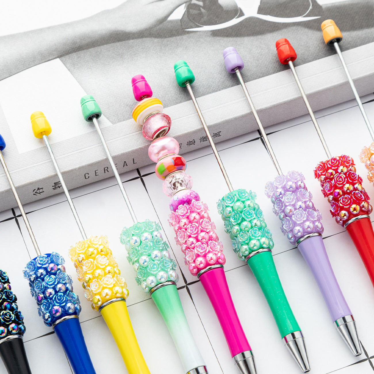 Wholesale Beadable Pens Rose Flower Handmade Stickers Multi-color Rotating Ballint Pens