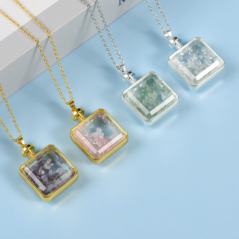 Wholesale Gravel Square Pink Quartz Round Pendant Crystal Necklace