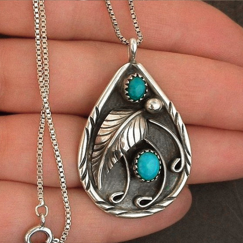 Wholesale Foreign trade new summer Bohemian style vintage pendant necklace women imitation turquoise feather tag jewelry