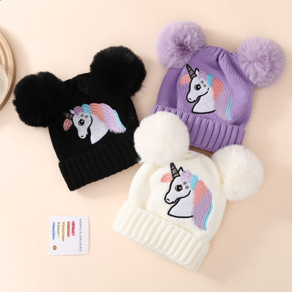 Wholesale Children's Winter Knitted Hat Unicorn Double Ball Woolen Hat