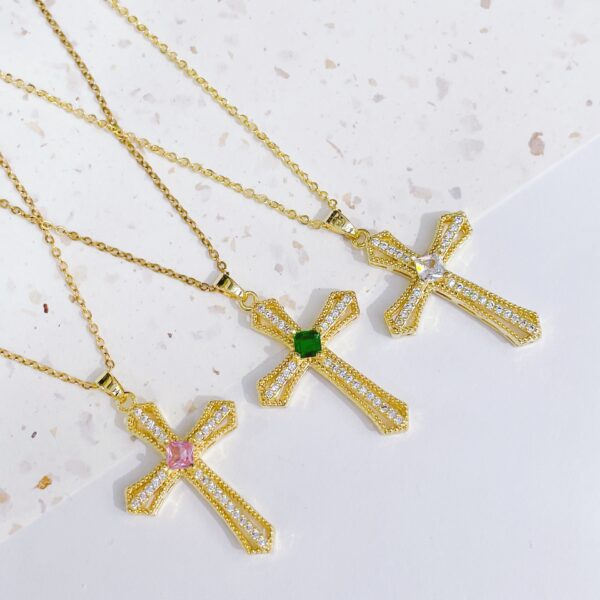 Wholesale Brass Gold Plated Cross Pendant Zircon Cast Titanium Steel Chain Necklaces