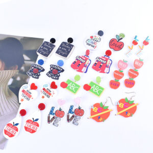 Wholesale Teacher's Day Back To School Season Pencil Rainbow Book Bag Book Red Apple Acrylic Earrings