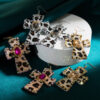 Wholesale Diamond Cross Leopard Print Leather Earrings