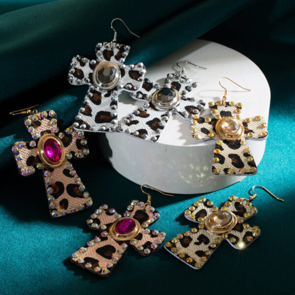 Wholesale Diamond Cross Leopard Print Leather Earrings
