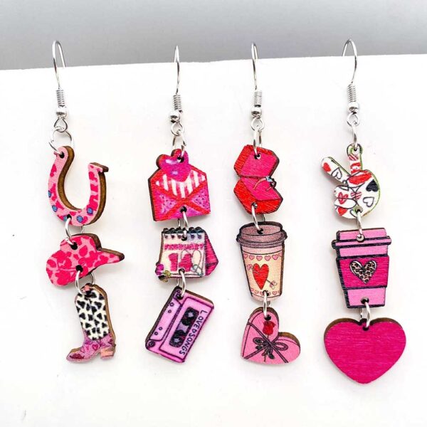 Wholesale Valentine's Day Pink Envelope Dwarf Rose Wooden Earrings