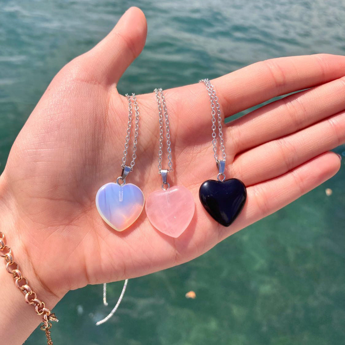 Wholesale Luminous Pendant Heart Natural Stone Titanium Steel Chain Necklaces