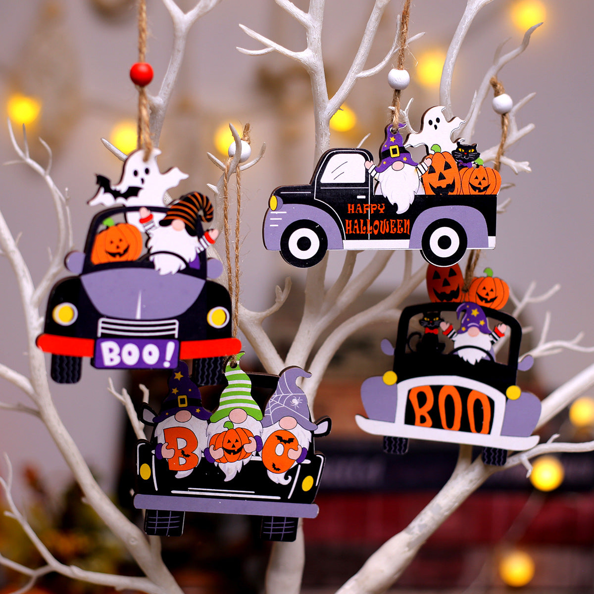 Wholesale Painted Cartoon Pumpkin White Ghost Faceless Doll Wooden Pendant