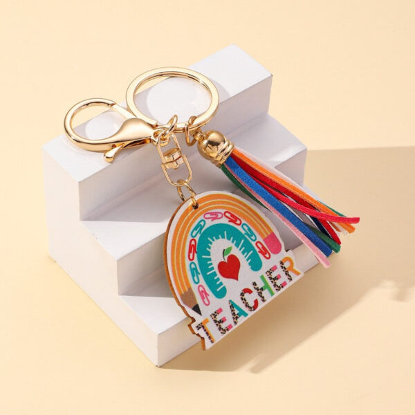 Wholesale Wooden Rainbow Tassel Teacher's Day Gift Keychain