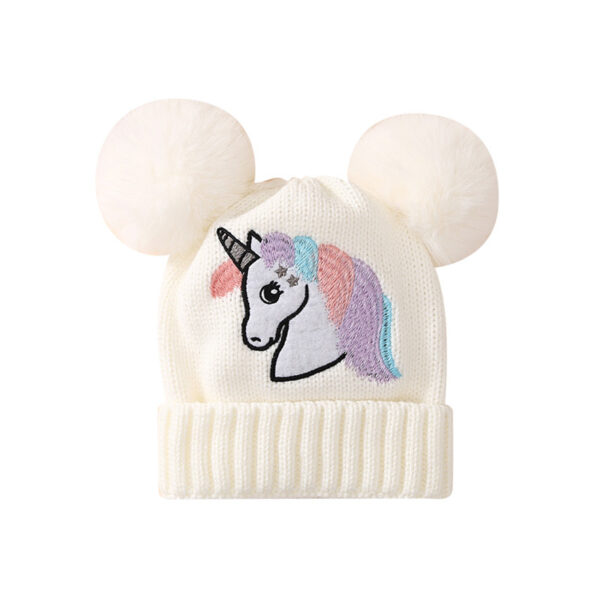 Wholesale Children's Winter Knitted Hat Unicorn Double Ball Woolen Hat