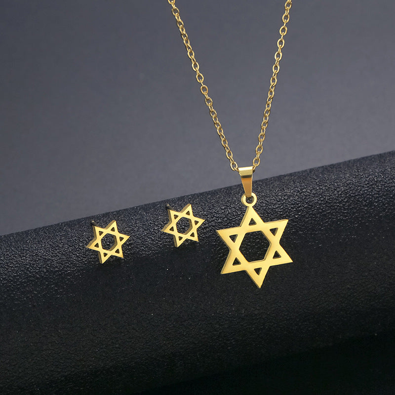 Wholesale Stainless Steel Simple Hollow 18K Gold Star Necklace Earring Set