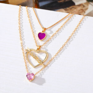 Wholesale Multilayer Pink Heart Diamond Cupid's Arrow Alloy Necklaces