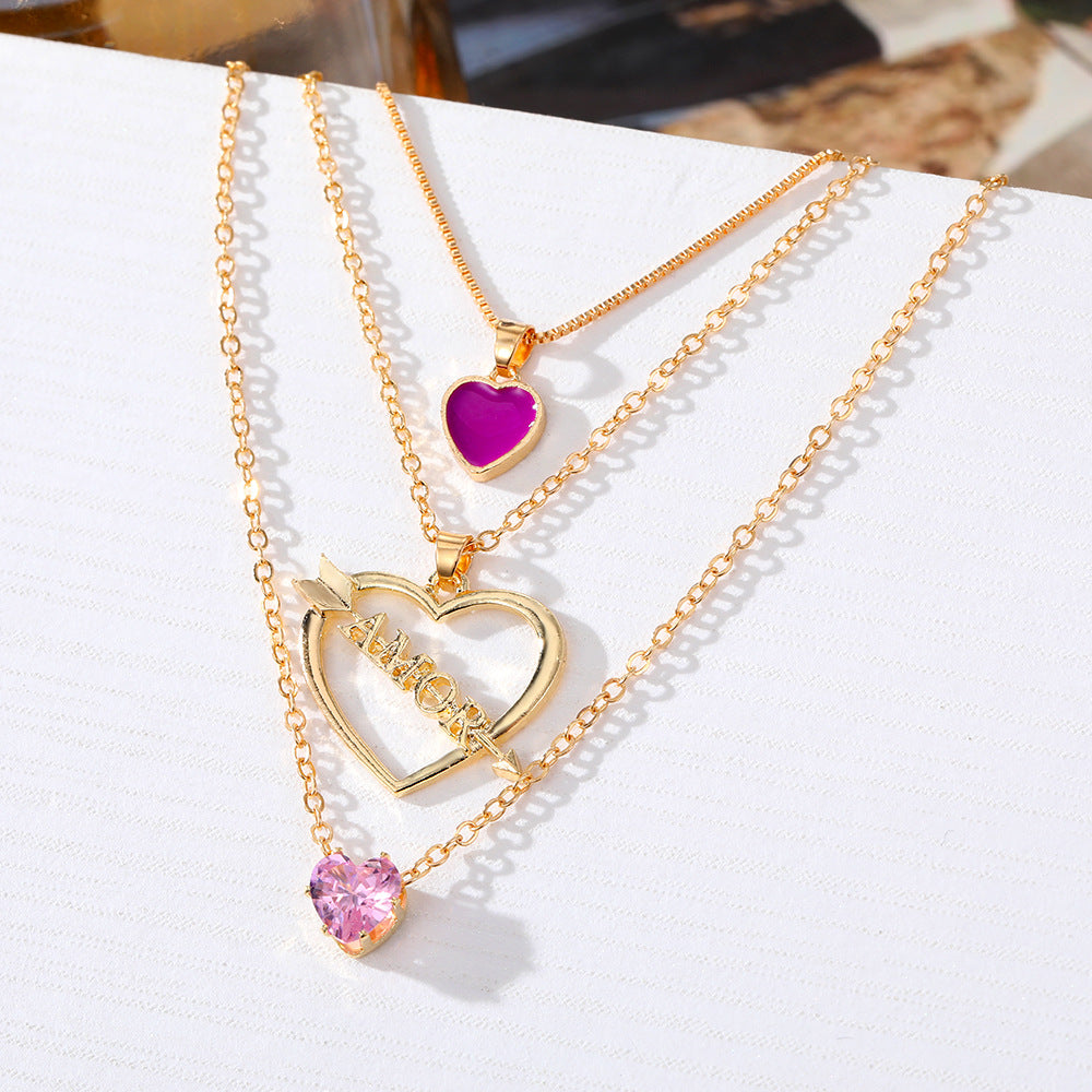 Wholesale Multilayer Pink Heart Diamond Cid's Arrow Alloy Necklaces