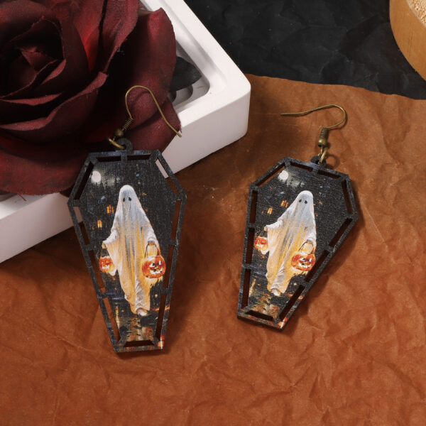 Wholesale Vintage Halloween Wooden Printed Skull Earrings