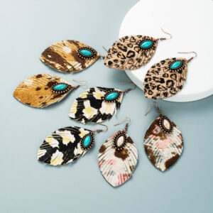 O1CN018Kxw792LDsVdWjoAJ__2206398079659-0-cib Wholesale Horsehair Genuine Leather Leaf Tassel Vintage Turquoise Leopard Earrings