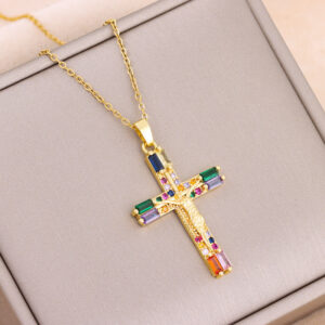 Wholesale Colorful Zirconium Cross Titanium Steel Necklaces