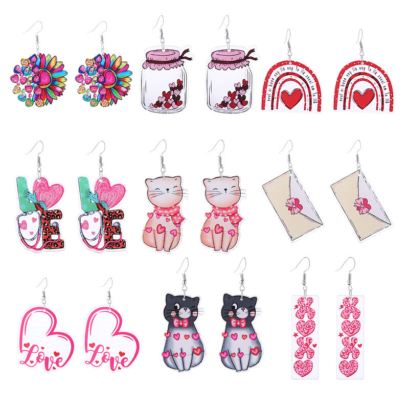 Wholesale Pink Valentine's Day Cat Envelope Double Sided Acrylic Earrings
