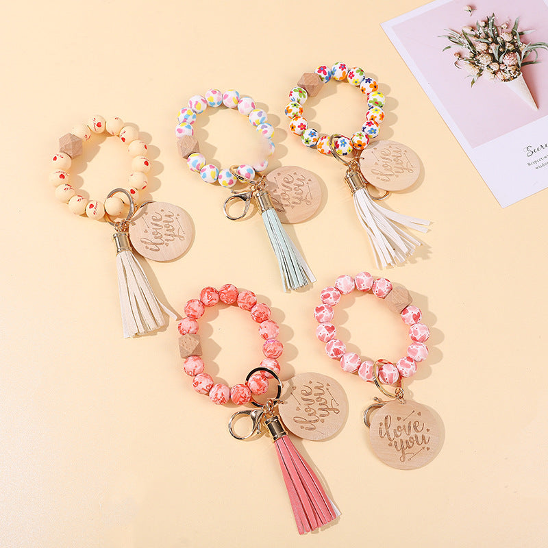 Wholesale Tassel Printing Silicone Beaded Wrist Keychain