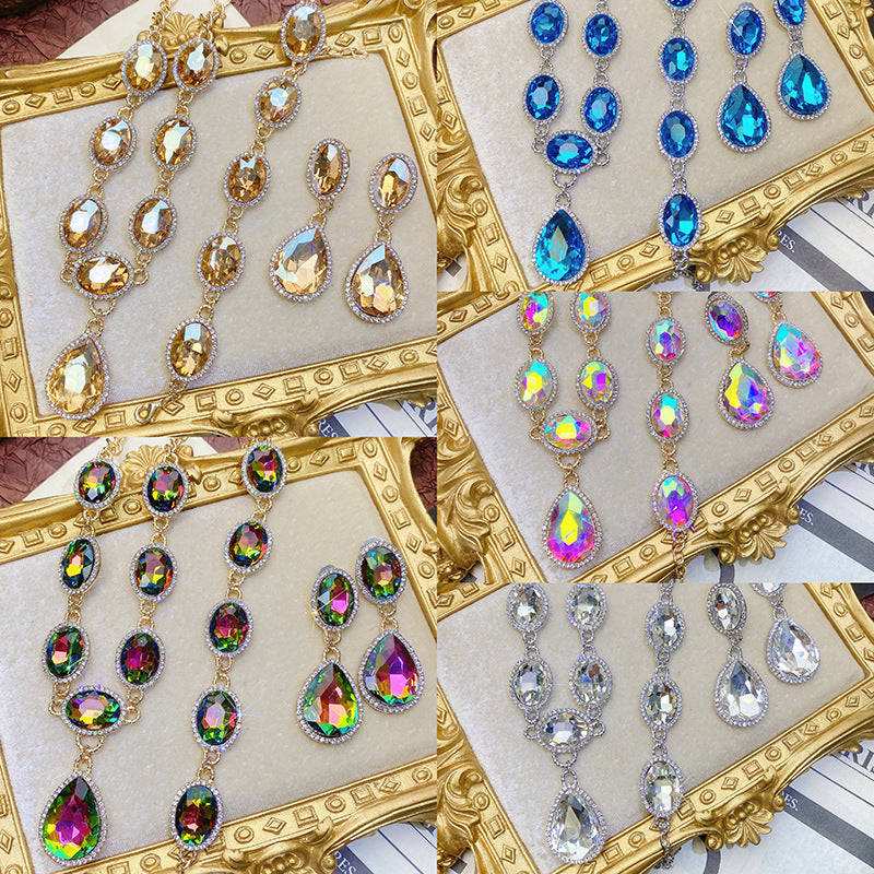 Wholesale Light Luxury Diamond Crystal Gemstone Water op Necklace Earrings Bracelet Three Sets