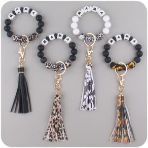Wholesale Silicone Leopard Print Beaded Wrist Keychain