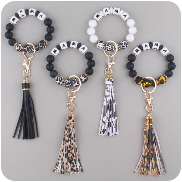 Wholesale Silicone Leopard Print Beaded Wrist Keychain
