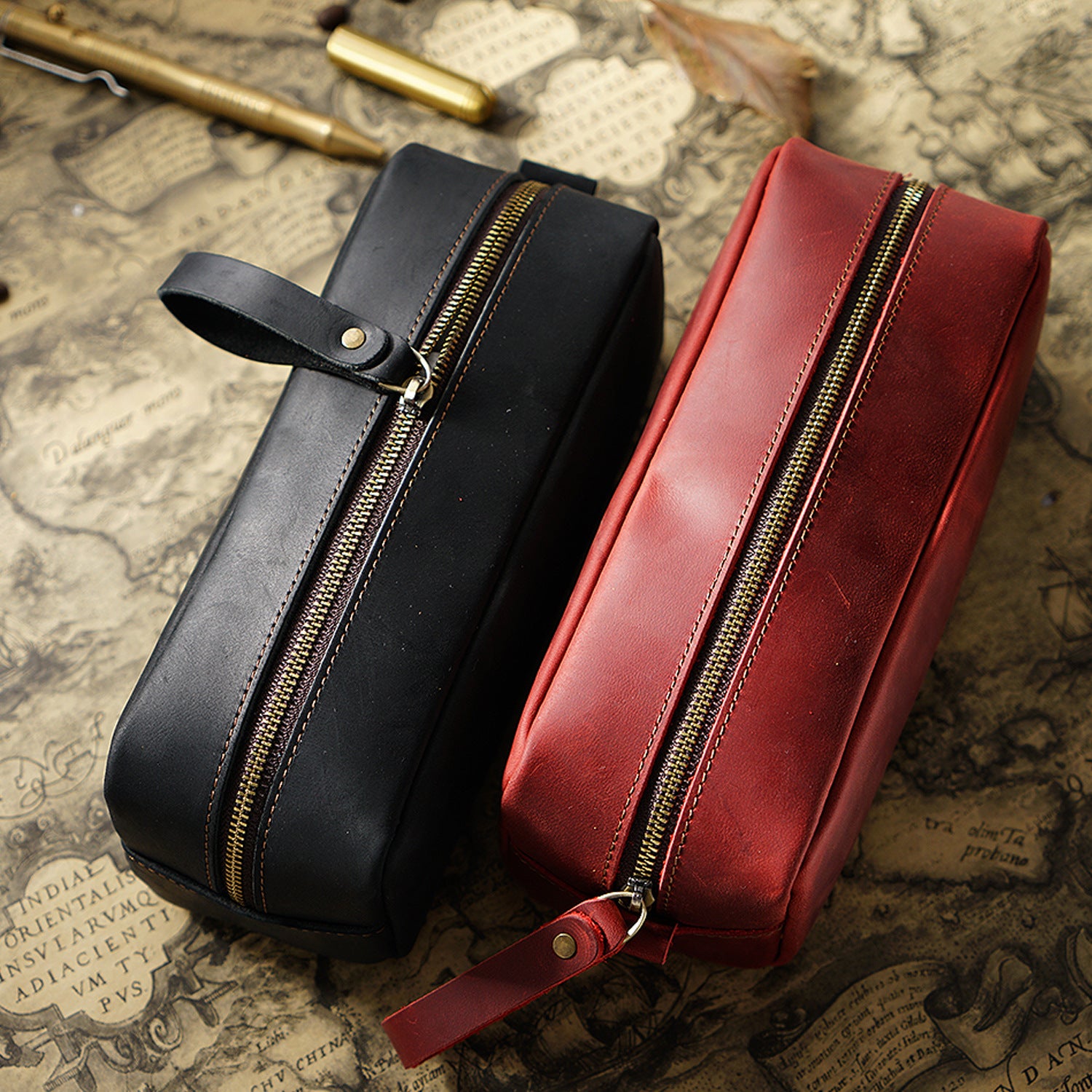 Wholesale Header Cowhide Square Retro Mad Horse Leather Zipper Pens