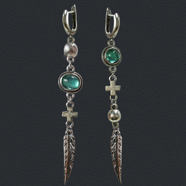 Wholesale Green Stone Cross Feather Metal Pendant Tassel Vintage Earrings