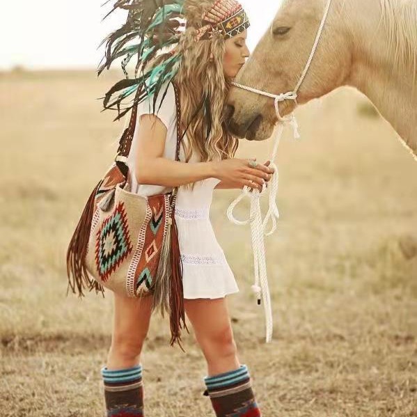 Wholesale Canvas Aztec Pattern Retro Handwoven Tassel Cotton Linen Shoulder Bag