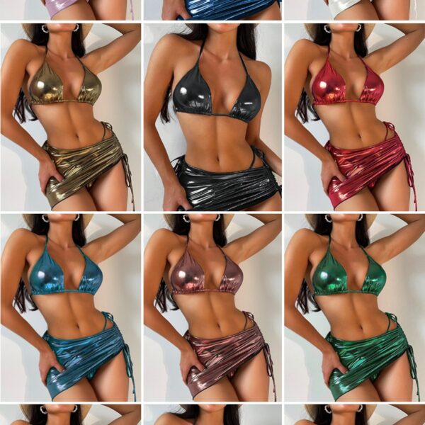 Wholesale Three-Piece Set Solid Color Foil Stamping Glossy Lace Up Swimwear