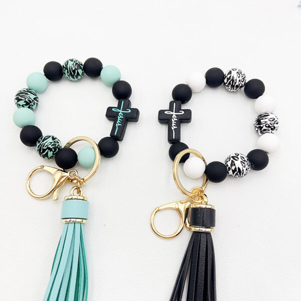 Wholesale Leopard Cross Silicone Beaded Tassel Wrist Keychain