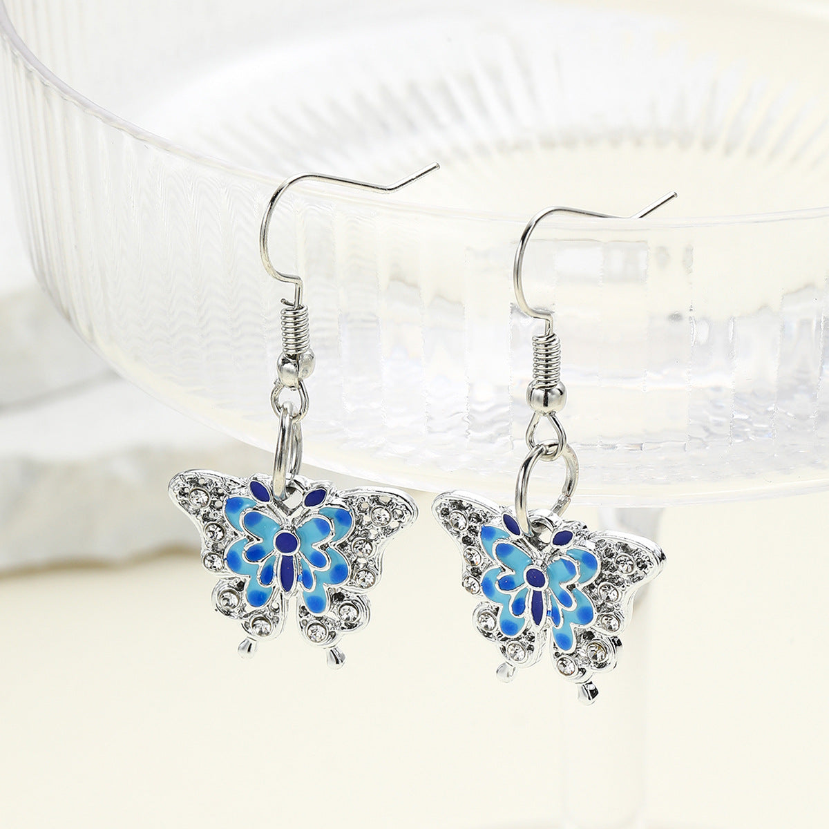 Wholesale Diamond Oil ipping Blue Vintage Butterfly Zinc Alloy Earrings