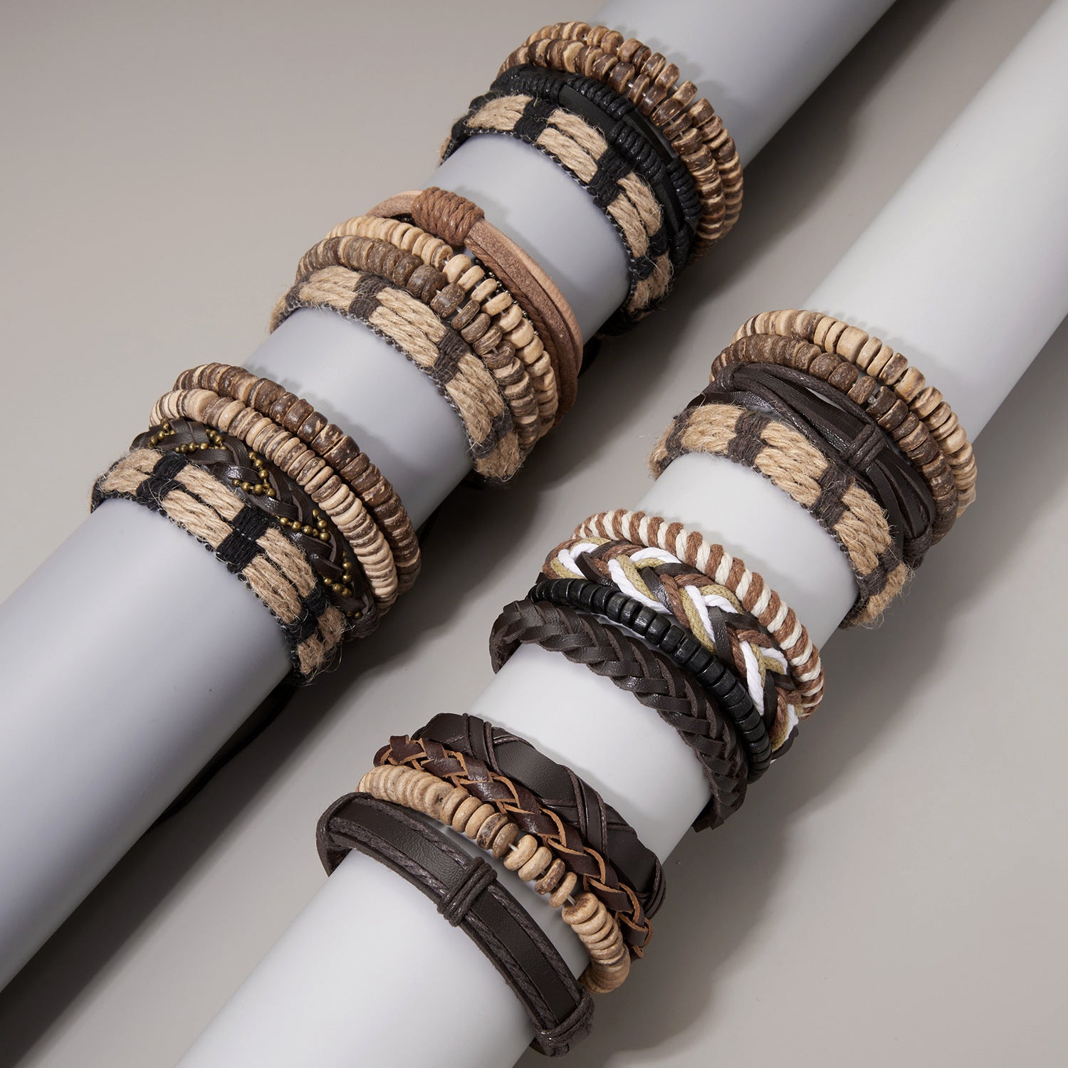 Wholesale Wooden Beads nut Shell Bead Chain Weaving Leather Combination Bracelet Set