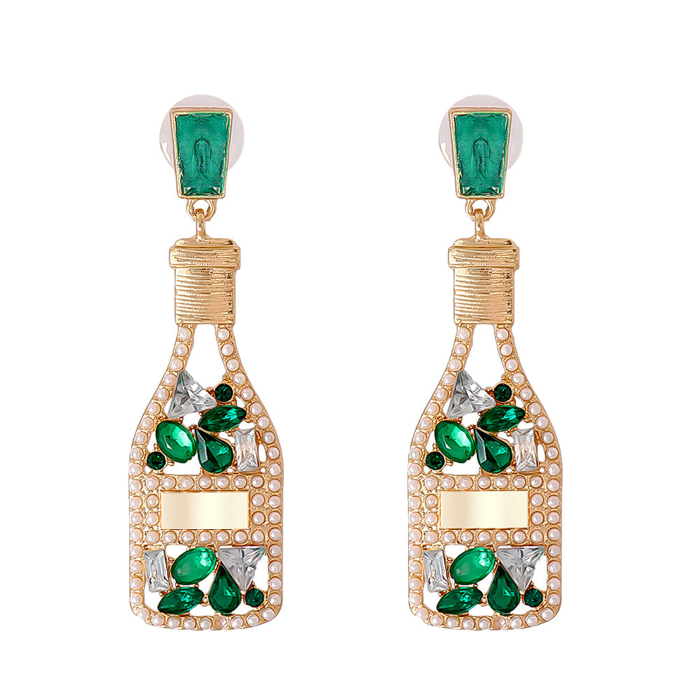 Wholesale Champagne Colored Wine Bottles Filled with Diamond and Pearl Alloy Earrings
