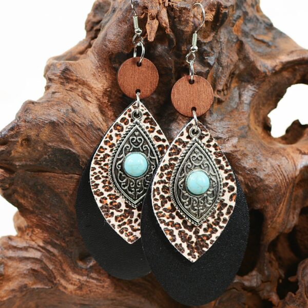 Wholesale of Western Style Multi-layer Leopard Patterned Alloy Turquoise Leather Earrings