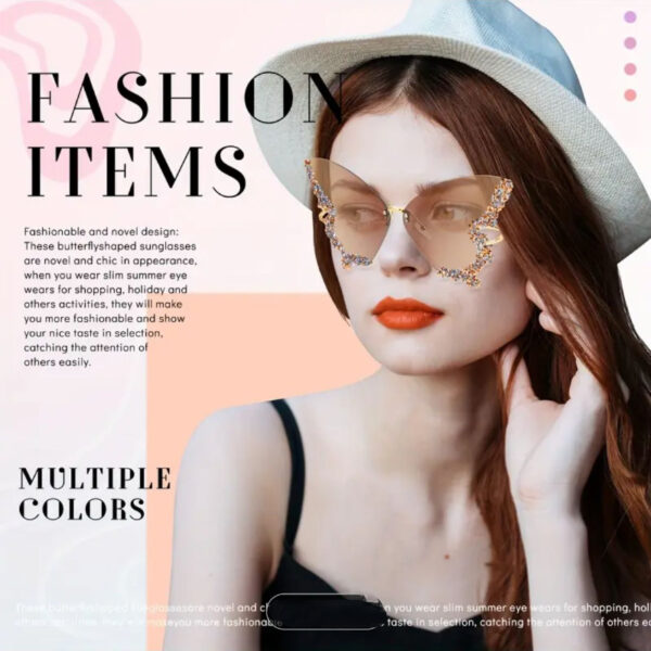 Wholesale Butterfly Shaped Diamond Inlaid Frameless PC Sunglasses