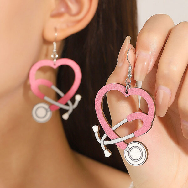 Wholesale Color Stethoscope Shaped Wooden Heart Earrings