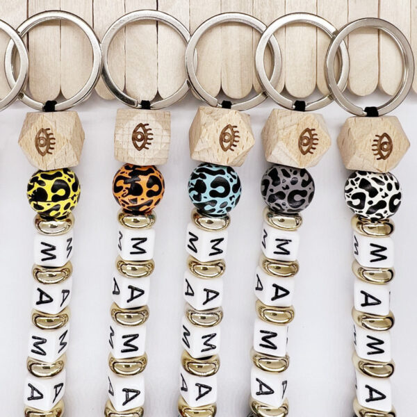 Wholesale MAMA Mother's Day Leopard Wood Bead Keychain