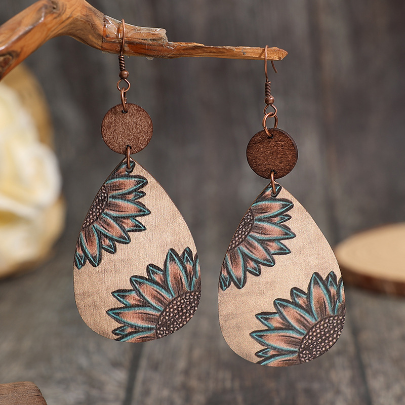Wholesale Cross-border western style sunflower vintage wood chip carved water drop earrings creative stitching earrings earrings European and American