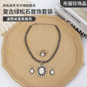 Wholesale European and American Cross-Border Bohemian New Retro Round Flower Turquoise Pendant Ethnic Style Earrings Jewelry Set