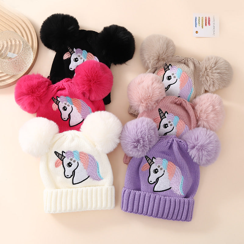 Wholesale Chilen's Winter Knitted Hat Unicorn Double Ball Woolen Hat