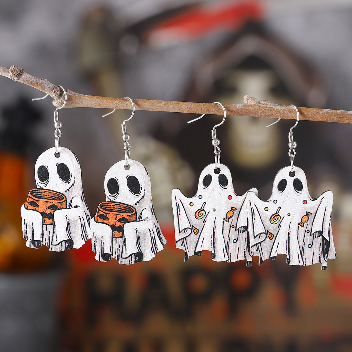 Wholesale Amazon Cross-border New Ghost Pumpkin Candy Pendant Earrings Wooden Gothic Double-sided Ear Jewelry