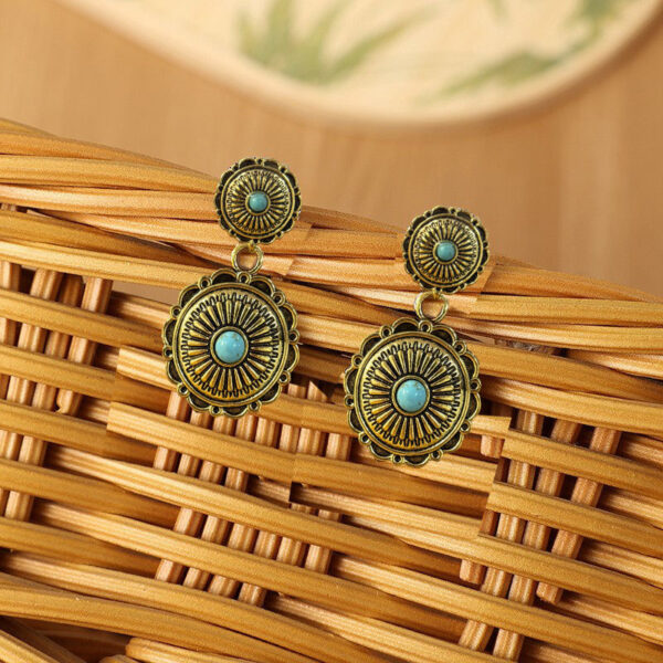 Wholesale Retro Ethnic Style Golden Pumpkin Flower Inlaid Turquoise Long Alloy Earrings