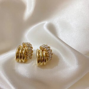 Gold zircon intarsia stud earrings real gold plated