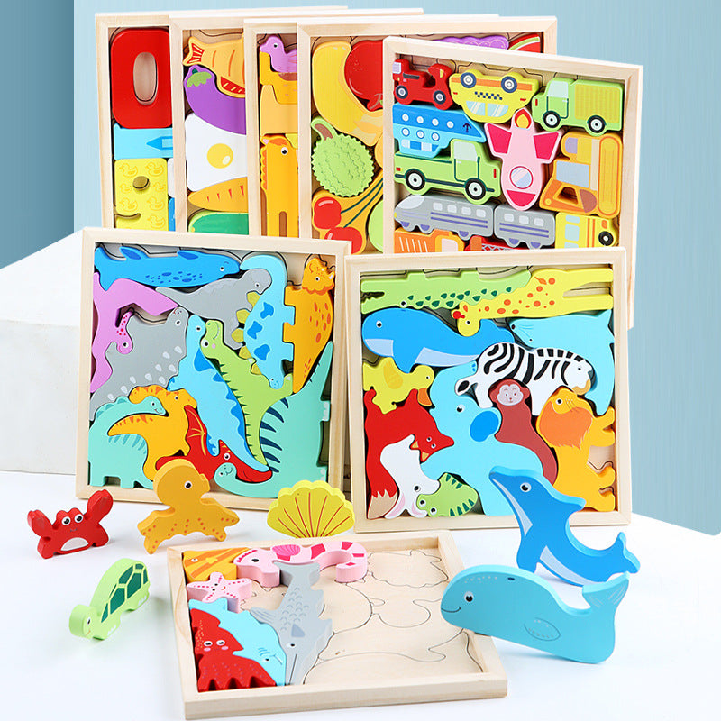 Wholesale Cartoon Animals Three-dimensional Wooden Fts and Vegetables Transrtation Puzzle Puzzle Board