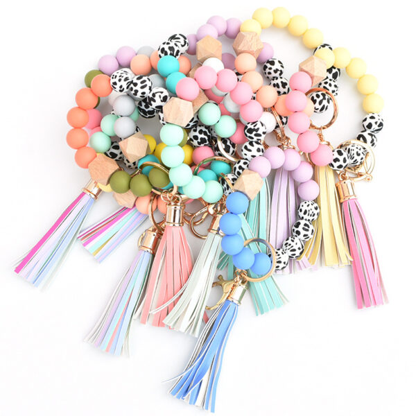 Wholesale Silicone Leopard Pattern Beaded Tassel Wrist Keychain