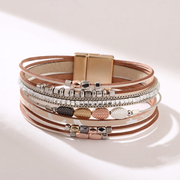 Wholesale Bohemian Leather Braided Tree Leaf Magnetic Clasp Bracelet